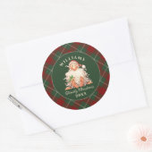 Retro kerstkerst met naam en jaar ronde sticker (Envelop)