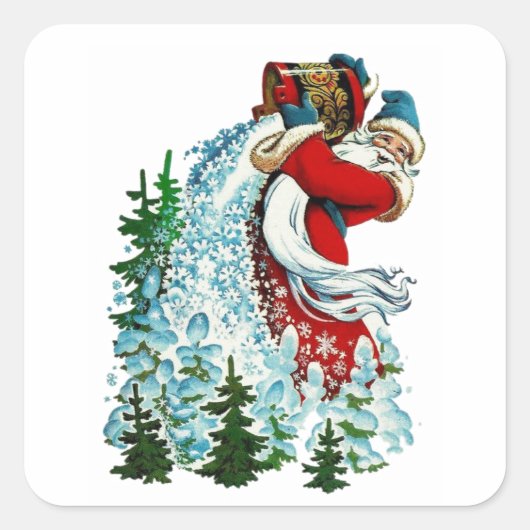 Retro kerstkerstkerstman die sneeuw maakt met emme vierkante sticker (Voorkant)