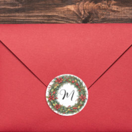 Retro Kerstkrans en Monogram Waterverf Ronde Sticker