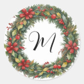 Retro Kerstkrans en Monogram Waterverf Ronde Sticker (Voorkant)