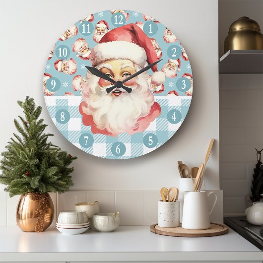 Retro Kerstman Blauw En Wit Geruit Kerstfeest Grote Klok