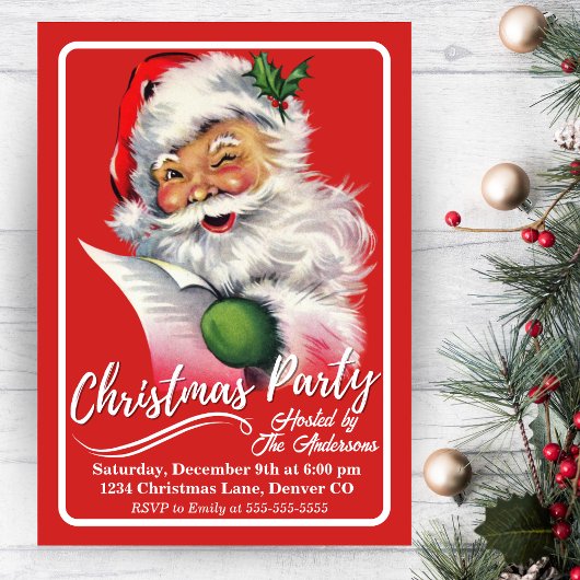  retro kerstman checkt zijn kerstlijst kaart