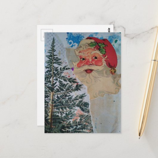 Retro Kerstman Collage Briefkaart (Voorkant / Achterkant in situ)