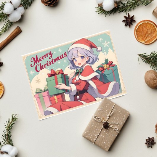 Retro Kerstman Dochter Cadeau Geven Anime  Kaart