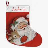 retro kerstman en rendier gepersonaliseerd grote kerstsok (Voorkant)