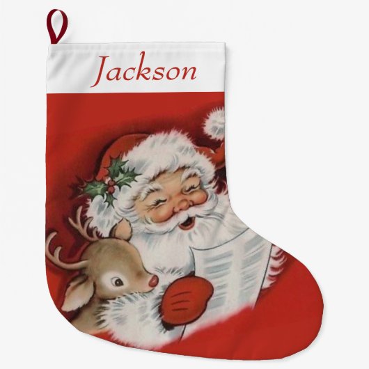 retro kerstman en rendier gepersonaliseerd grote kerstsok (Voorkant)