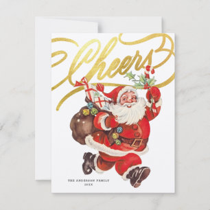 Retro Kerstman Goud Schrift Cheers Niet-foto Kerst Feestdagenkaart
