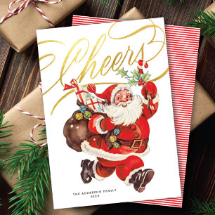 Retro Kerstman Goud Schrift Cheers Niet-foto Kerst Feestdagenkaart