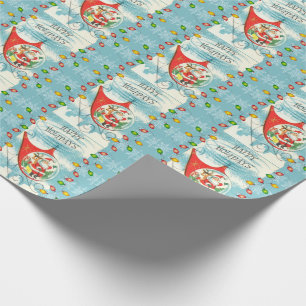 Retro Kerstman Helikopter Kerstverlichting Aqua Bl Cadeaupapier