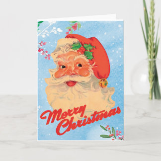 Retro Kerstman Hulst Sneeuw Blauw Kerstmis Feestdagen Kaart