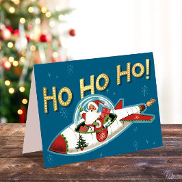 Retro Kerstman in raket Ho Ho Ho niet-foto Kerstmi Feestdagen Kaart