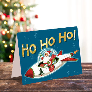 Retro Kerstman in raket Ho Ho Ho niet-foto Kerstmi Feestdagen Kaart