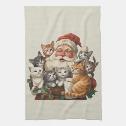 Retro Kerstman & Kittens Kerstmis Winter 90s Theedoek (Verticaal)