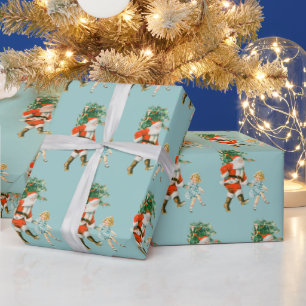 Retro  Kerstman & Meisje Kerst Cadeaupapier