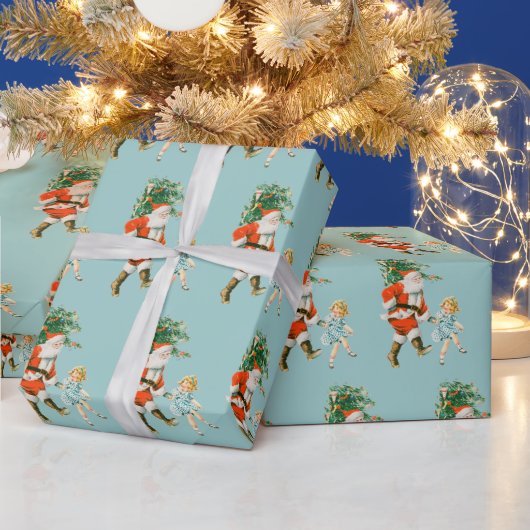 Retro Kerstman & Meisje Kerst Cadeaupapier (Feestdagen)