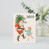 Retro Kerstman & Meisje Kerst Feestdagenkaart (Staand voorkant)