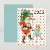 Retro Kerstman & Meisje Kerst Feestdagenkaart (Voorkant / Achterkant)