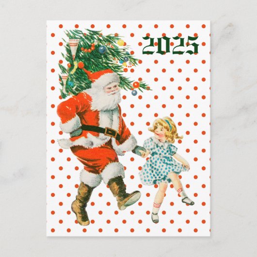 Retro Kerstman & Meisje Kerst Feestdagenkaart (Voorkant)