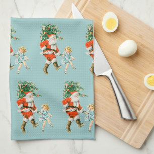 Retro Kerstman & Meisje Kerst Theedoek
