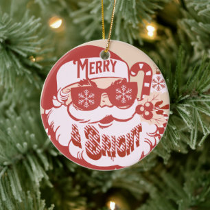 Retro Kerstman Merry Bright Kerstmis Roze Rood    Keramisch Ornament