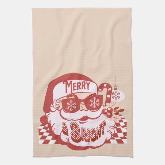 Retro Kerstman Merry Bright Kerstmis Roze Rood Theedoek (Verticaal)