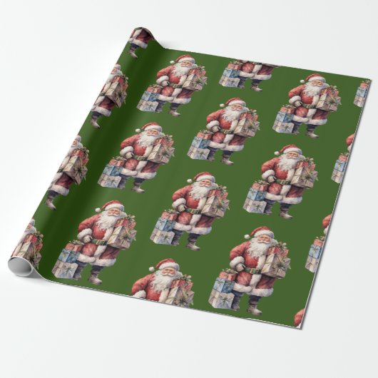 Retro  Kerstman met Aangename Geschenken Cadeaupapier (Uitgerold)