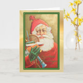 Retro-kerstman met 'Gold Green Border'-feestdag Kaart (Gele Bloem)