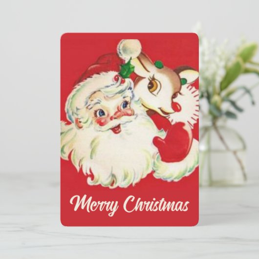 Retro kerstman met Rudolf Custom Kerstmis Feestdagenkaart (Staand voorkant)