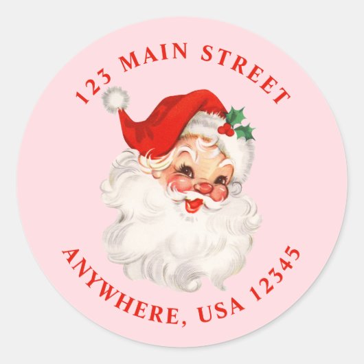 Retro kerstman roze retro adreslabel ronde sticker (Voorkant)
