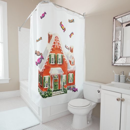  retro kerstman snoep gingerbrood huis douchegordijn (In situ)