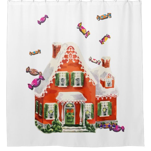  retro kerstman snoep gingerbrood huis douchegordijn (Voorkant)