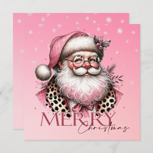 Retro Kerstman Vrolijk Kerstfeest in het roze Feestdagenkaart (Voorkant / Achterkant)