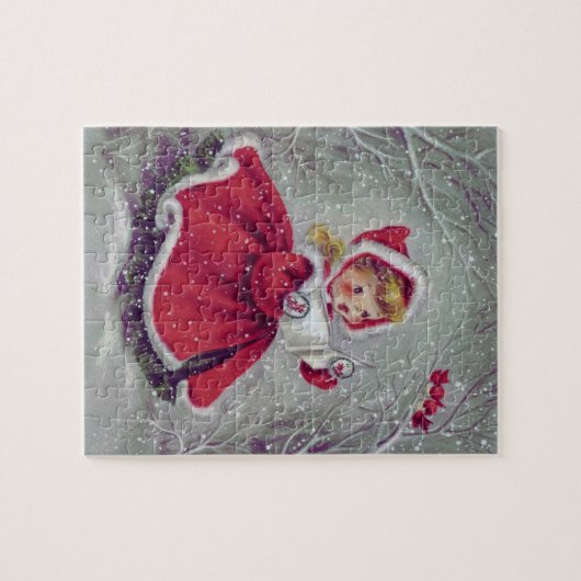 Retro-kerstmeisje Caroling in Snow Legpuzzel (Horizontaal)