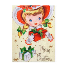 retro kerstmeisje vakantie briefkaart