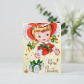  retro kerstmeisje vakantie briefkaart (Staand voorkant)