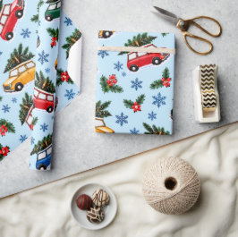 Retro Kerstmis Auto's & Bomen Watercolor Cadeauver Cadeaupapier