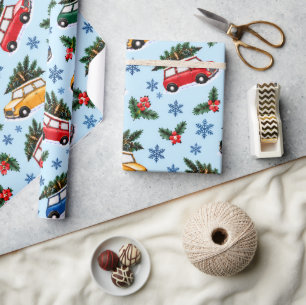 Retro Kerstmis Auto's & Bomen Watercolor Cadeauver Cadeaupapier