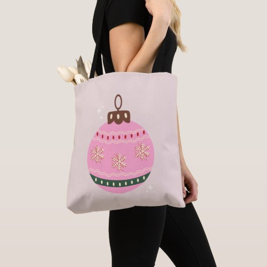 Retro Kerstmis Bauble Pink Holiday Tote Bag (Dichtbij)