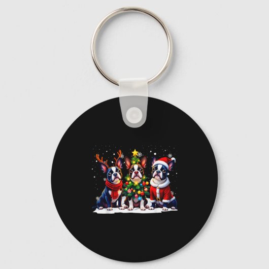 Retro Kerstmis Boston Terrier Sint Rendier Hond Sleutelhanger (Voorkant)