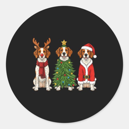 Retro Kerstmis Brittany Spaniel Sinterklaas Rendie Ronde Sticker (Voorkant)