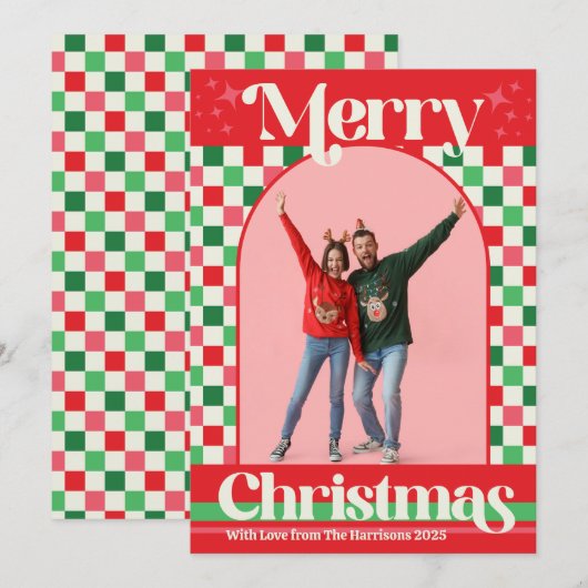 Retro Kerstmis Check Prettig Kerstfeest Plat Kaart (Voorkant / Achterkant)