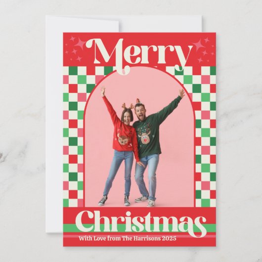 Retro Kerstmis Check Vrolijk Kerstmis Plat Kaart (Voorkant)