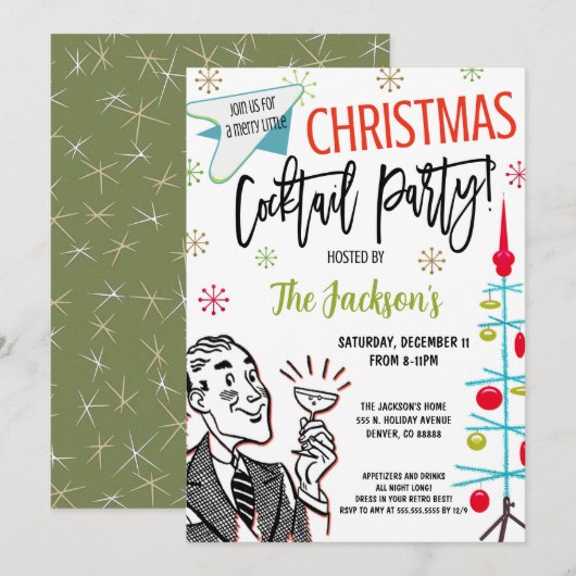 Retro Kerstmis Cocktail Party Kaart (Voorkant / Achterkant)