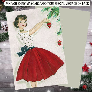 Retro Kerstmis  Dame in het rood Feestdagenkaart