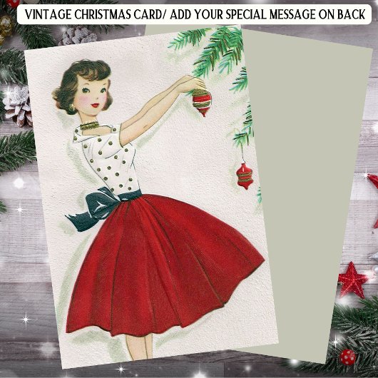 Retro Kerstmis  Dame in het rood Feestdagenkaart