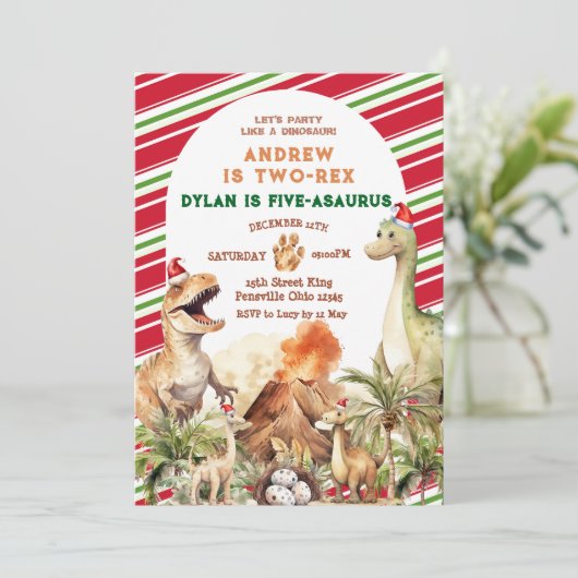 Retro Kerstmis Dinosaur Sibling Verjaardag Kaart (Staand voorkant)