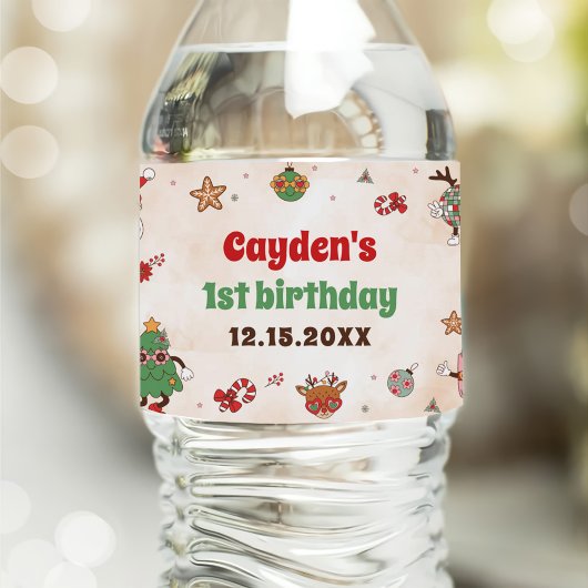 Retro Kerstmis Eerste Verjaardagsfeest Waterfles Etiket