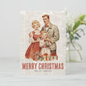 Retro Kerstmis familie op oude krantenachtergrond Feestdagenkaart (Staand voorkant)