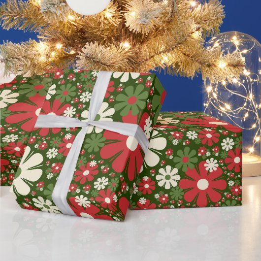Retro Kerstmis Floral Fantasy Pattern Green Cadeaupapier (Feestdagen)
