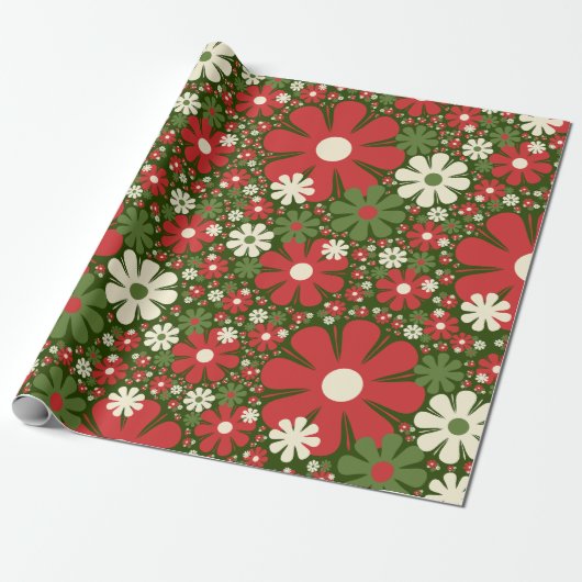 Retro Kerstmis Floral Fantasy Pattern Green Cadeaupapier (Uitgerold)